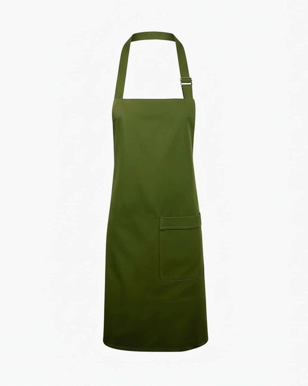 Haki yeşil metal tokalı askılı asimetrik tek yan cepli barista önlüğü, kurumsal logolu toptan üniforma üretimi - MUBU Staff Wear