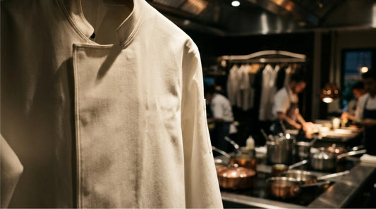 MUBU Staff Wear premium beyaz şef ceketi ve arka planda profesyonel restoran mutfağı görünümü