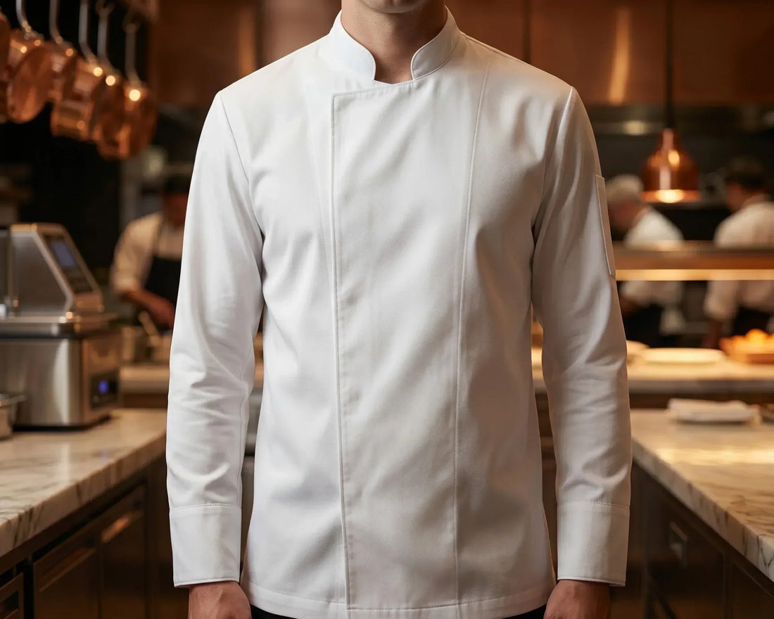 Lüks restoran konseptlerine uygun, "Quiet Luxury" felsefesiyle tasarlanmış, minimalist ve premium gizli patlı beyaz şef ceketi. Modern açık mutfakta profesyonel aşçı üniforması.