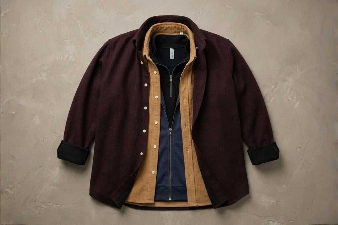 MUBU İstanbul 2026 İlkbahar erkek kapsül koleksiyonu; Heritage yün overshirt, Cosserat kadife gömlek ve Diago teknik trikolarla oluşturulmuş Sessiz Lüks katmanlı giyim (layering) flatlay lifestyle kapak kombini.