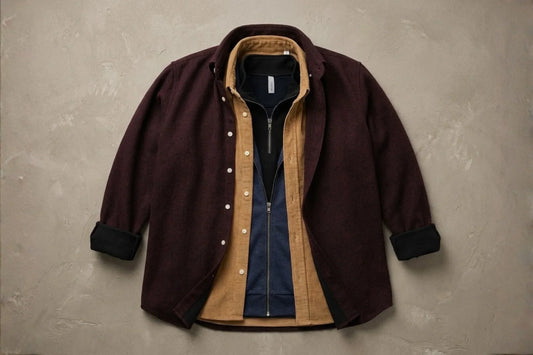 MUBU İstanbul 2026 İlkbahar erkek kapsül koleksiyonu; Heritage yün overshirt, Cosserat kadife gömlek ve Diago teknik trikolarla oluşturulmuş Sessiz Lüks katmanlı giyim (layering) flatlay lifestyle kapak kombini.