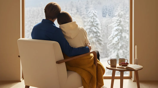 MUBU İstanbul yeni sezon kış stili, Bonny Cardies overshirt ve Soft Touch Hoodie ekru giyen çift, sıcak ve konforlu kış ortamı