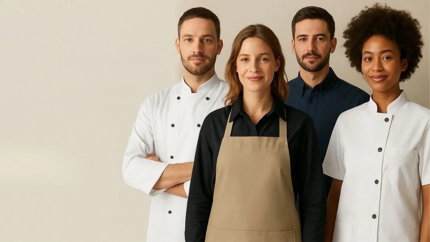 Farklı sektörlerden tam boy önlük ve kurumsal iş kıyafetleri giyen şef, barista, kuaför ve klinik personeli.
