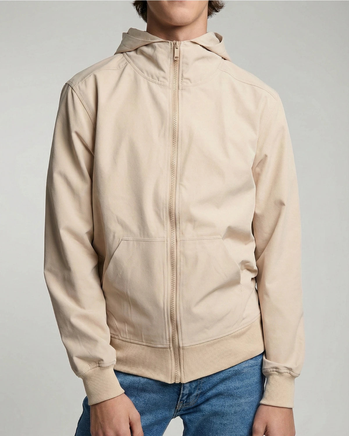 BREEZE | Krem Bel Boy Hafif Rüzgarlık Mont önü kapalı stüdyo çekimi