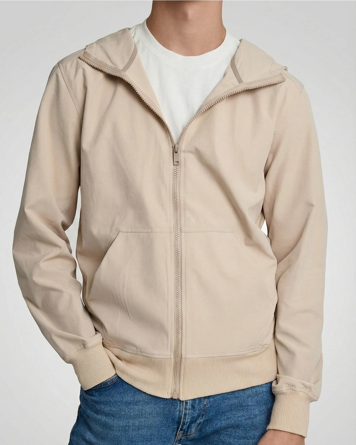 BREEZE | Krem Bel Boy Hafif Rüzgarlık Mont önü yarım kapalı biye detay stüdyo çekimi