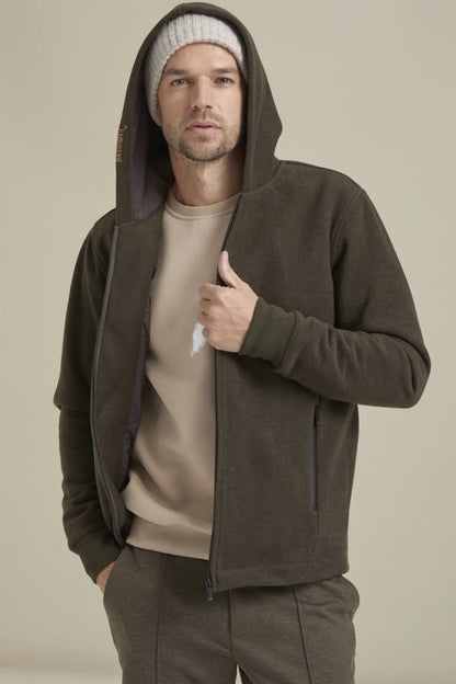 Fancy Coat | Haki Yünlü Örme Kapüşonlu Mont Ceket ile manken üzerinde önü açık yakın çekim