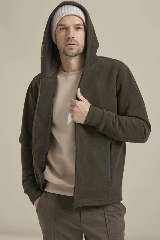 Fancy Coat | Haki Yünlü Örme Kapüşonlu Mont Ceket ile manken üzerinde önü açık yakın çekim