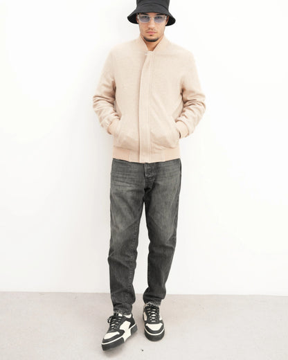 MUBU Balıksırtı Bomber Ceket – Bej - Manken Tam Görünüm