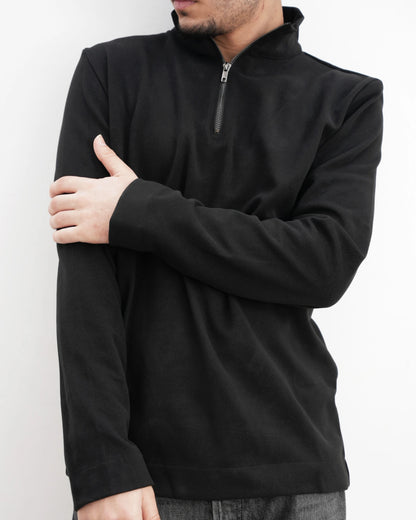 MUBU Diago Half-Zip Siyah Teknik Kazak - Model Ön Görünüm