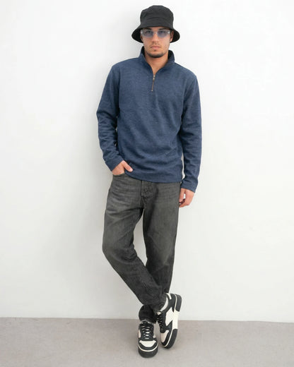 MUBU Diago Half-Zip Deep Indigo Teknik Kazak - Model Tam Boy