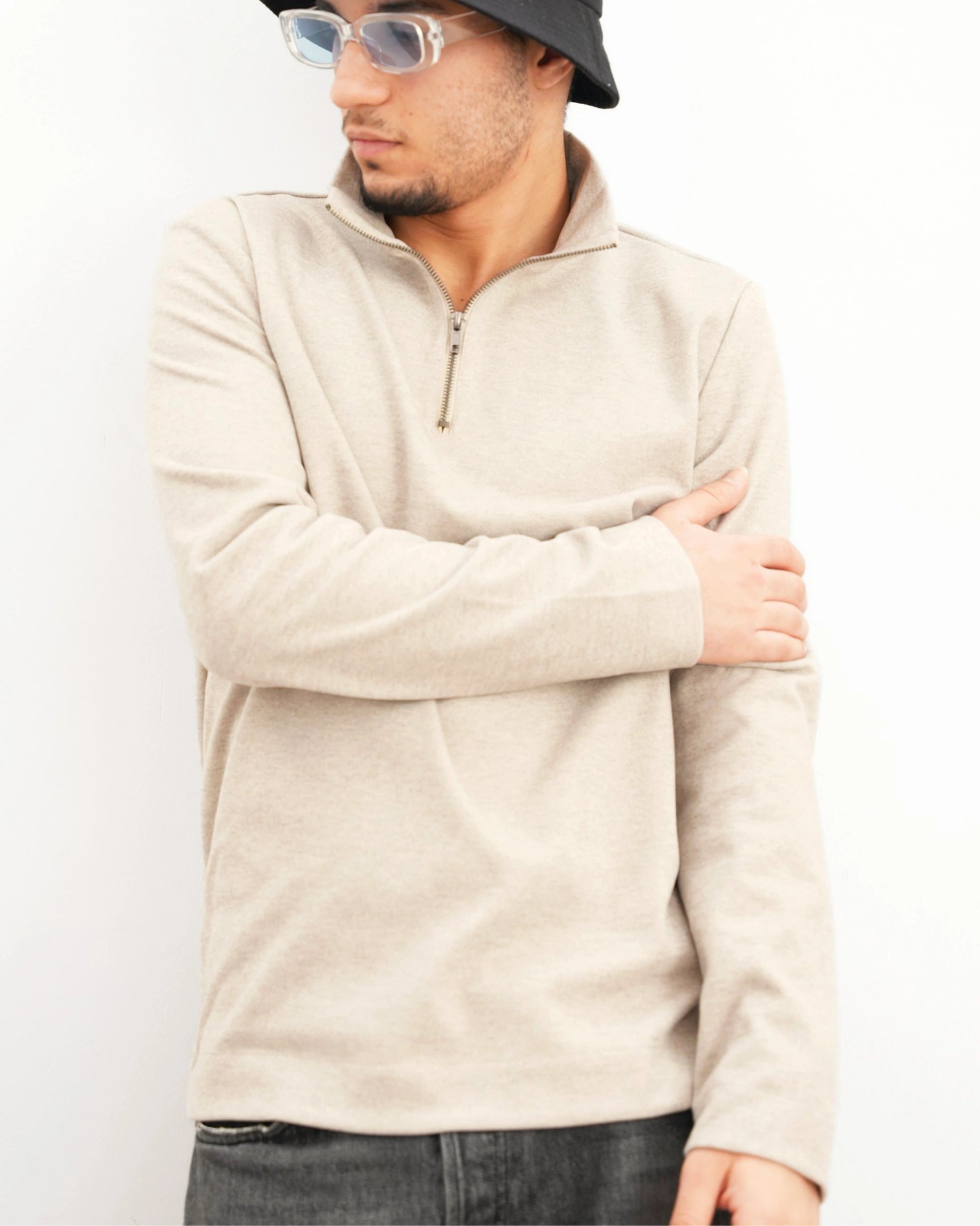 MUBU Diago Half-Zip Latte Teknik Kazak - Model Ön Görünüm