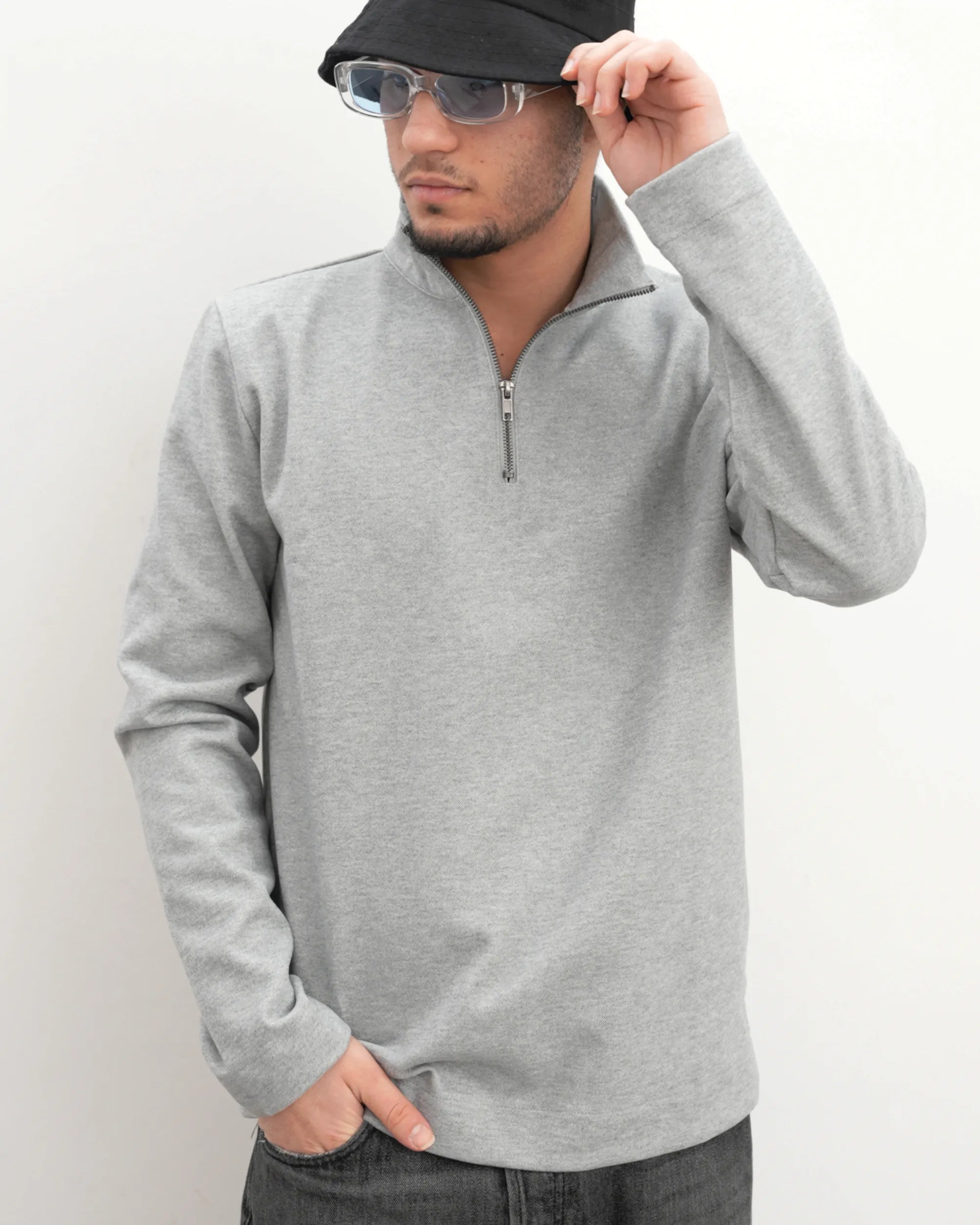 MUBU Diago Half-Zip Silver Melanj Teknik Kazak - Model Ön Görünüm