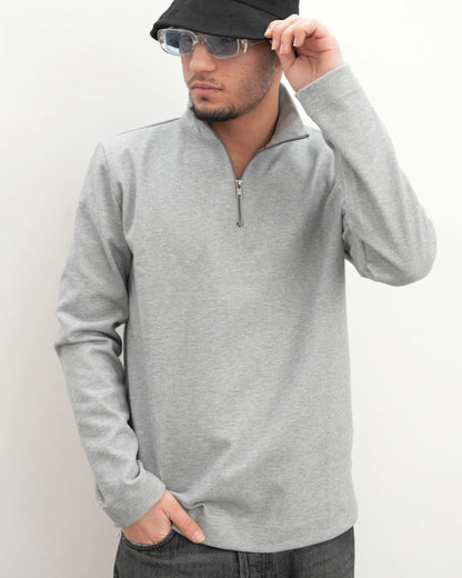 MUBU Diago Half-Zip Silver Melanj Teknik Kazak - Model Ön Görünüm