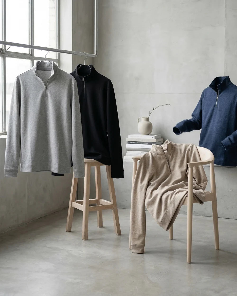 DIAGO Half Zip Tech-Knit Koleksiyonu dört renk, editoryal stüdyo fotoğrafı.