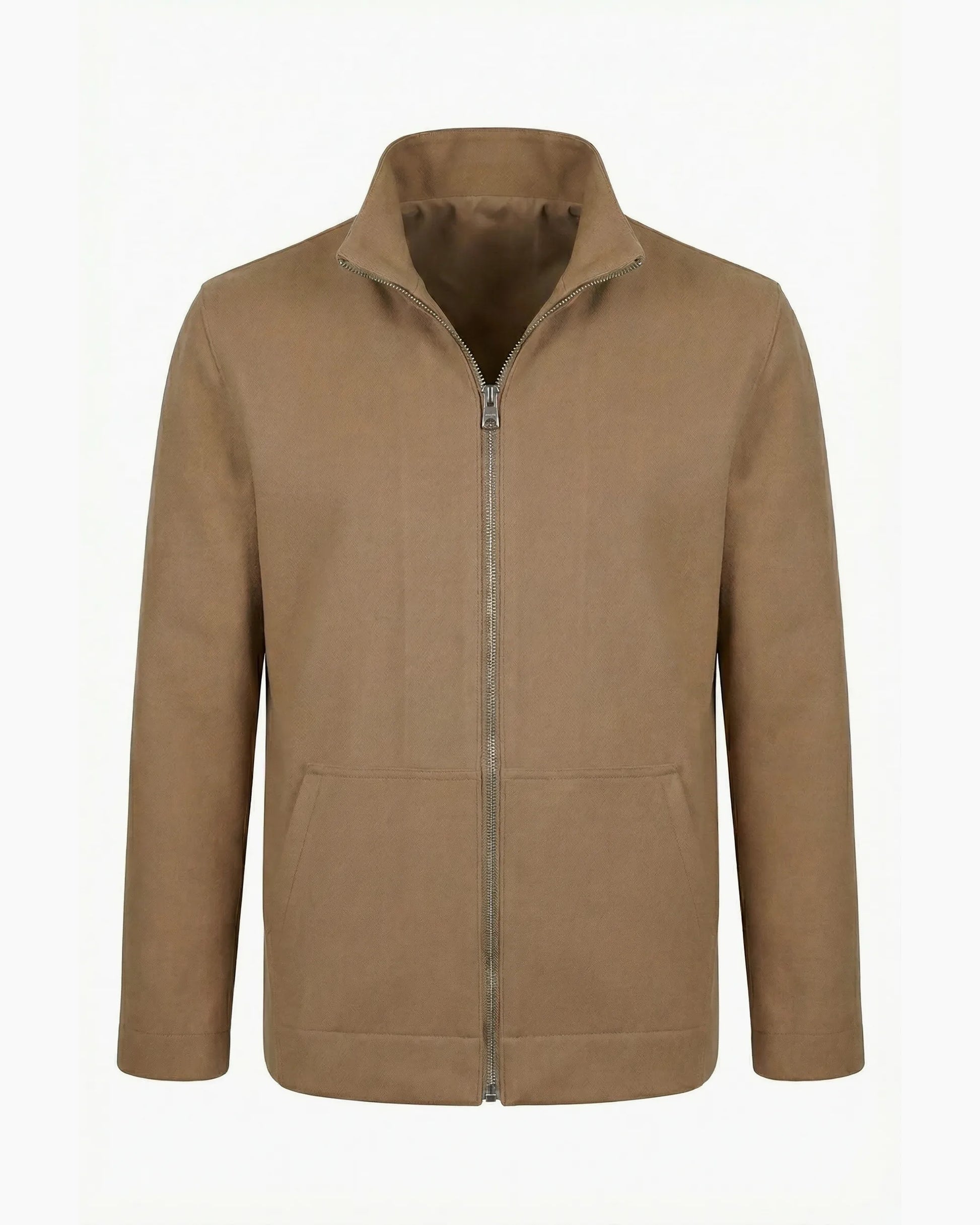 Camel renkli kurumsal logolu şık gramajlı çelik fermuarlı kanguru cepli dik yaka ceket, toptan üretim - MUBU Staff Wear