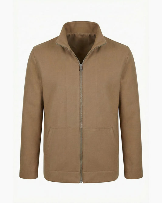 Camel renkli kurumsal logolu şık gramajlı çelik fermuarlı kanguru cepli dik yaka ceket, toptan üretim - MUBU Staff Wear