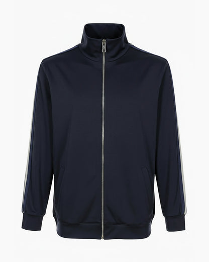 Lacivert teknik kumaş çelik fermuarlı kendi kumaşından ribanalı premium kurumsal eşofman üstü, toptan üretim - MUBU Staff Wear