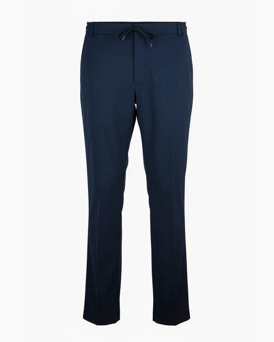 Lacivert renkli kurumsal logolu teknik kumaş belden bağlamalı smart-casual pantolon, modern ofis ekipleri için toptan üretim - MUBU Staff Wear