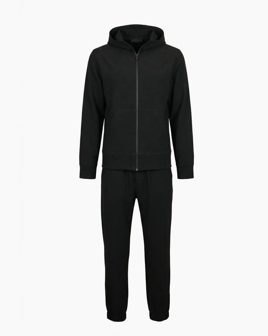 Siyah renkli hafif ve esnek teknik kumaştan su geçirmez fermuarlı kapüşonlu kurumsal eşofman takımı, toptan üretim - MUBU Staff Wear