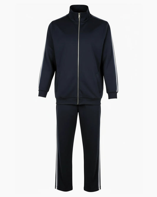 Lacivert beyaz yan şeritli teknik kumaş çelik fermuarlı kurumsal eşofman takımı, kulüplere özel logolu toptan üretim - MUBU Staff Wear