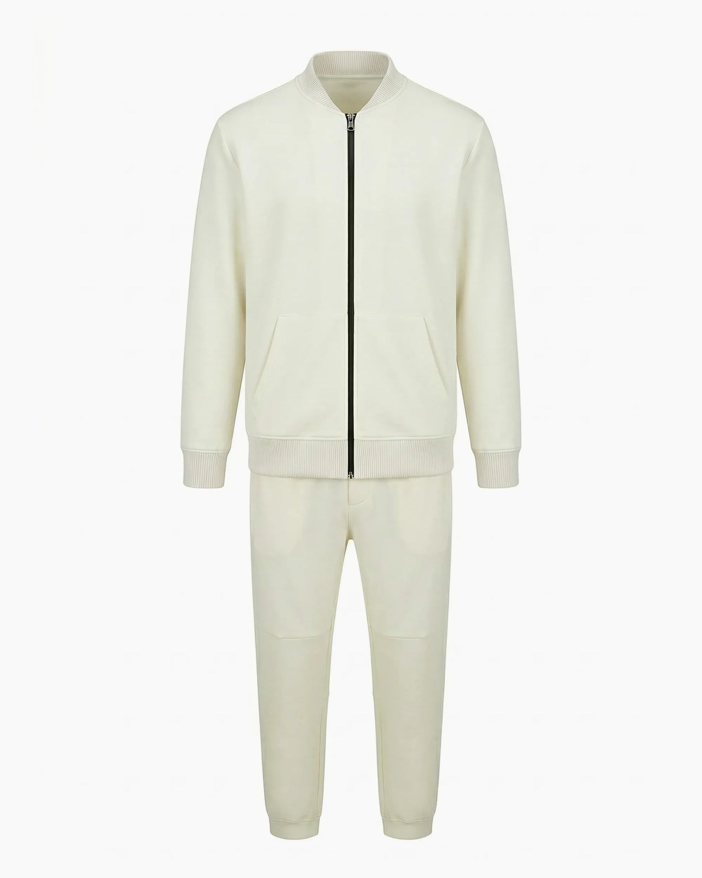 Ekru renkli siyah kontrast fermuarlı bomber yaka teknik eşofman takımı, kurumsal logolu toptan üretim - MUBU Staff Wear