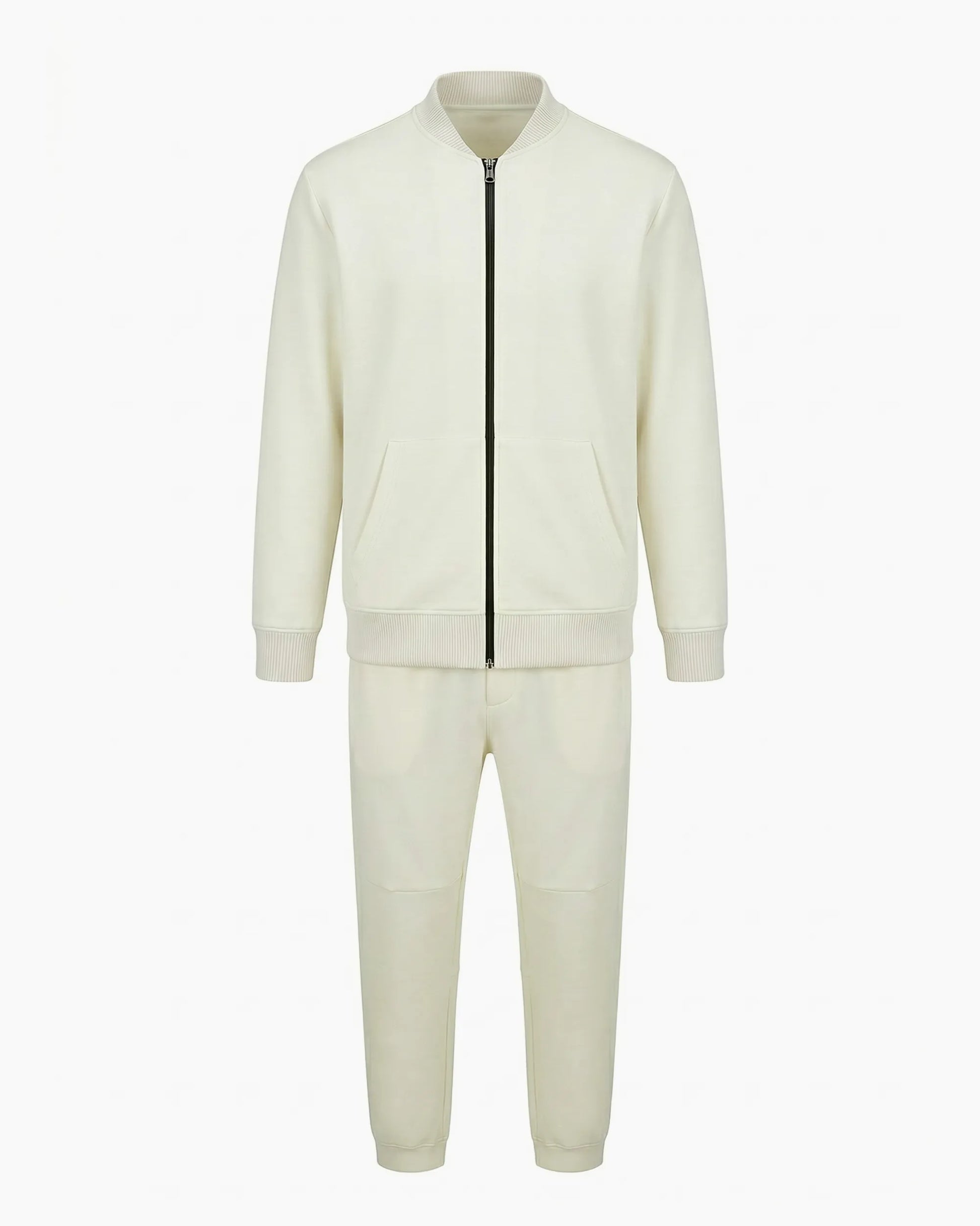 Ekru renkli siyah kontrast fermuarlı bomber yaka teknik eşofman takımı, kurumsal logolu toptan üretim - MUBU Staff Wear