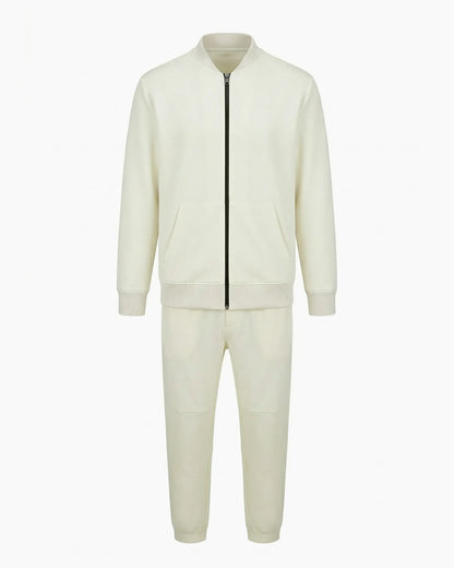 Ekru renkli siyah kontrast fermuarlı bomber yaka teknik eşofman takımı, kurumsal logolu toptan üretim - MUBU Staff Wear