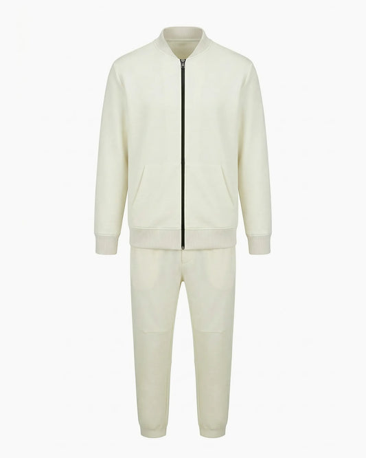 Ekru renkli siyah kontrast fermuarlı bomber yaka teknik eşofman takımı, kurumsal logolu toptan üretim - MUBU Staff Wear