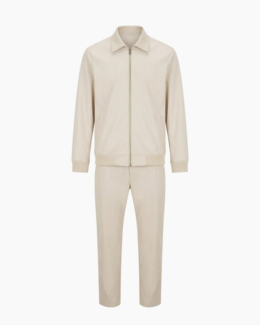 Bej renkli klasik yaka fermuarlı teknik kumaş premium eşofman takımı, kurumsal logolu toptan üretim - MUBU Staff Wear