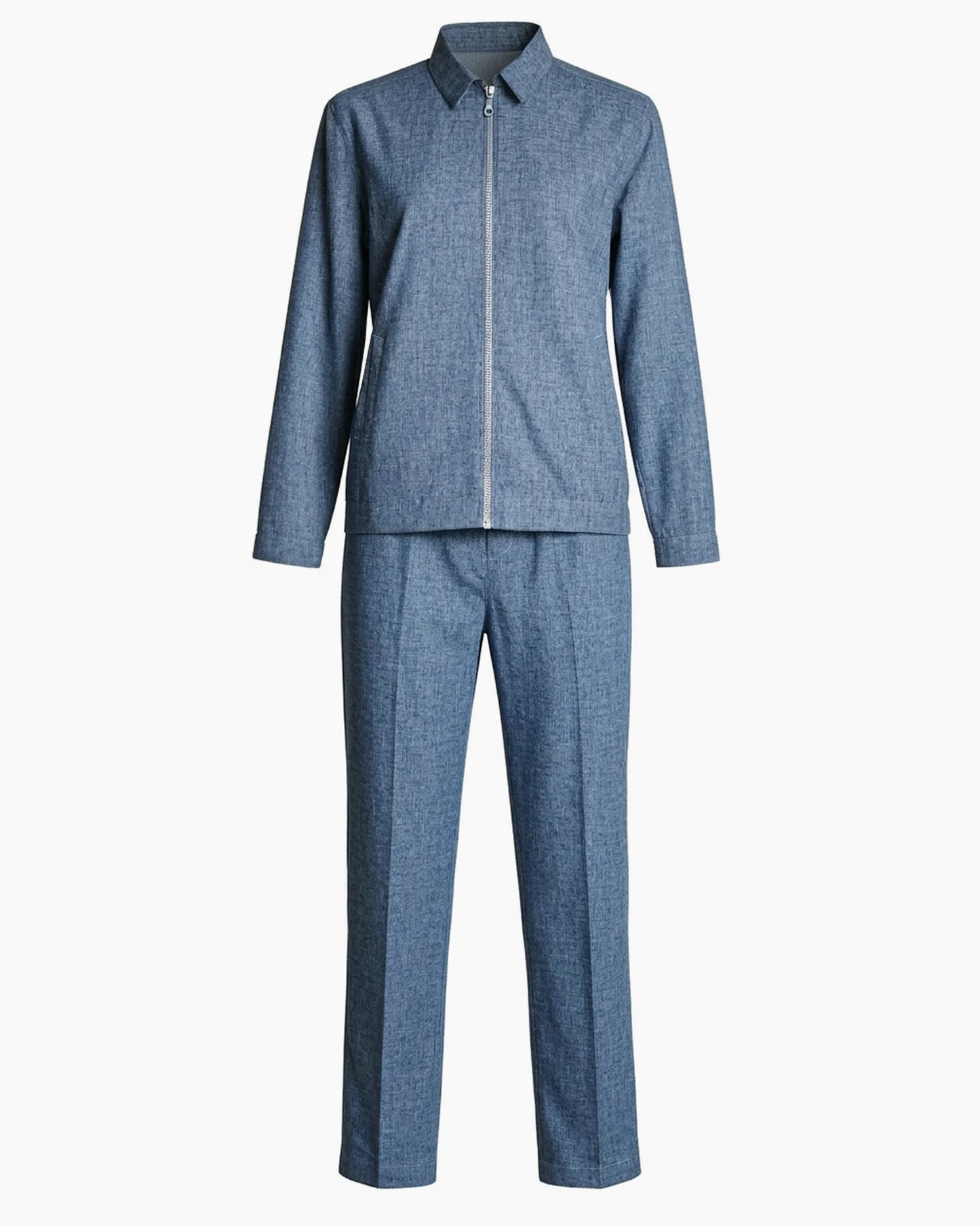 Mavi renkli keten görünümlü teknik dokulu gömlek ve pantolon kurumsal iş takımı, premium ekipler için toptan üretim - MUBU Staff Wear