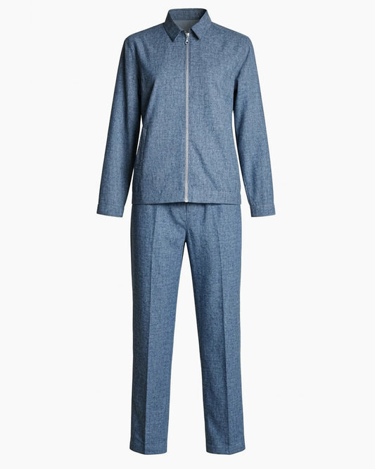 Mavi renkli keten görünümlü teknik dokulu gömlek ve pantolon kurumsal iş takımı, premium ekipler için toptan üretim - MUBU Staff Wear