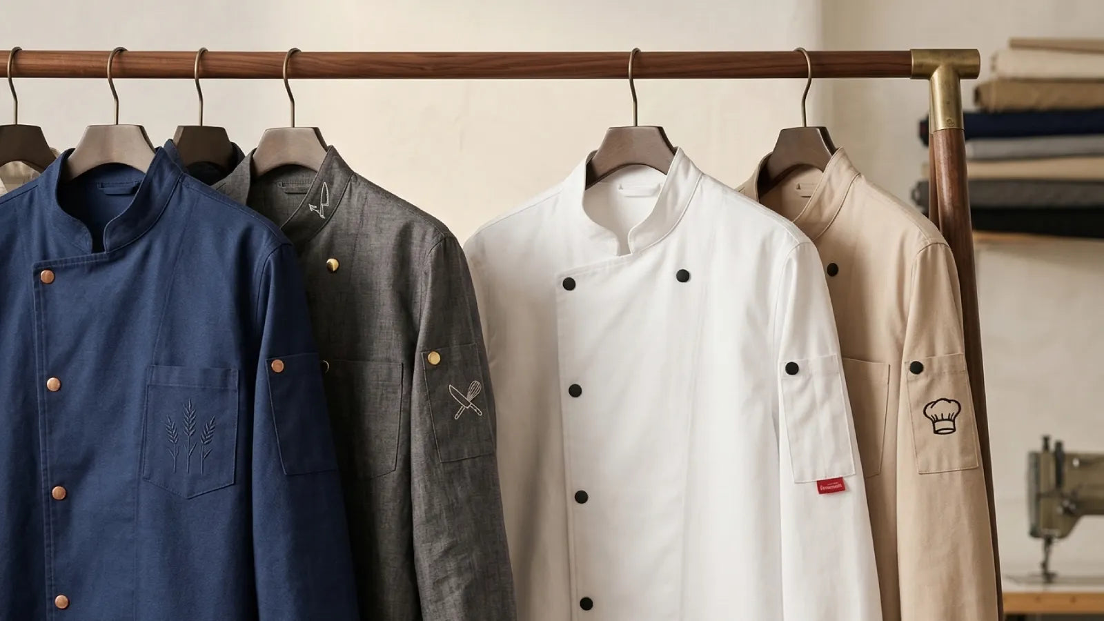 Askıda asılı MUBU Staffwear aşçı ceketleri