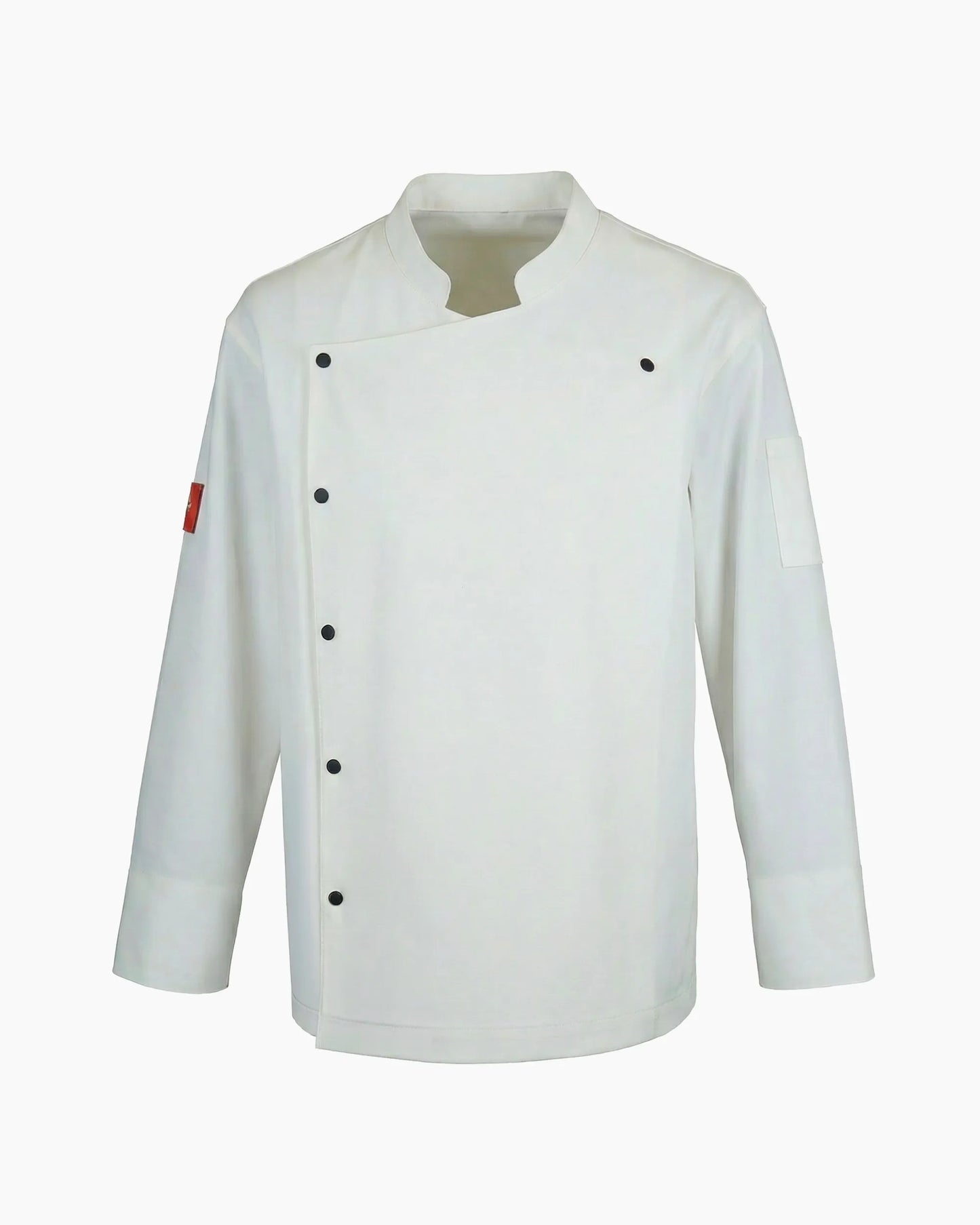 Beyaz asimetrik kesim paslanmaz çıtçıtlı şef ceketi, kurumsal logolu toptan aşçı üniforması üretimi - MUBU Staff Wear