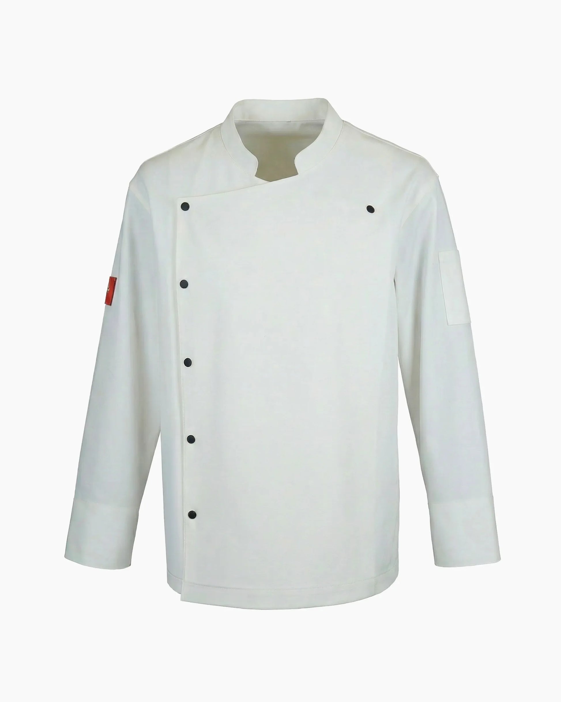 Beyaz asimetrik kesim paslanmaz çıtçıtlı şef ceketi, kurumsal logolu toptan aşçı üniforması üretimi - MUBU Staff Wear