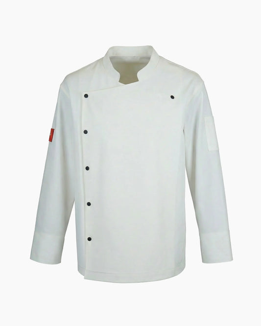 Beyaz asimetrik kesim paslanmaz çıtçıtlı şef ceketi, kurumsal logolu toptan aşçı üniforması üretimi - MUBU Staff Wear