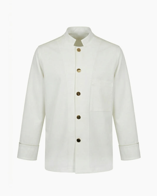 Beyaz hakim yaka paslanmaz pirinç çıtçıtlı aşçı ceketi, kurumsal logolu toptan şef üniforması üretimi - MUBU Staff Wear
