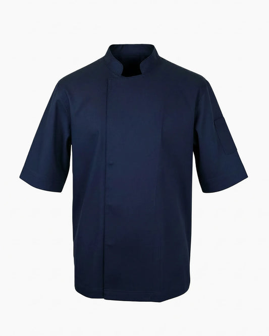 Lacivert kısa kollu gizli patlı şef ceketi, kurumsal logolu toptan aşçı üniforması üretimi - MUBU Staff Wear
