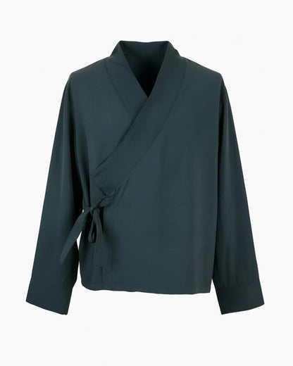 Antrasit kimono yaka bağlamalı şef ceketi, kurumsal logolu toptan aşçı üniforması üretimi - MUBU Staff Wear