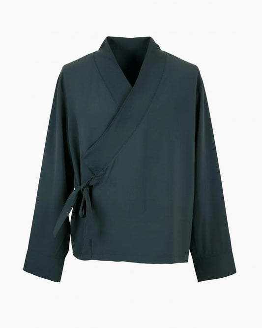 Antrasit kimono yaka bağlamalı şef ceketi, kurumsal logolu toptan aşçı üniforması üretimi - MUBU Staff Wear