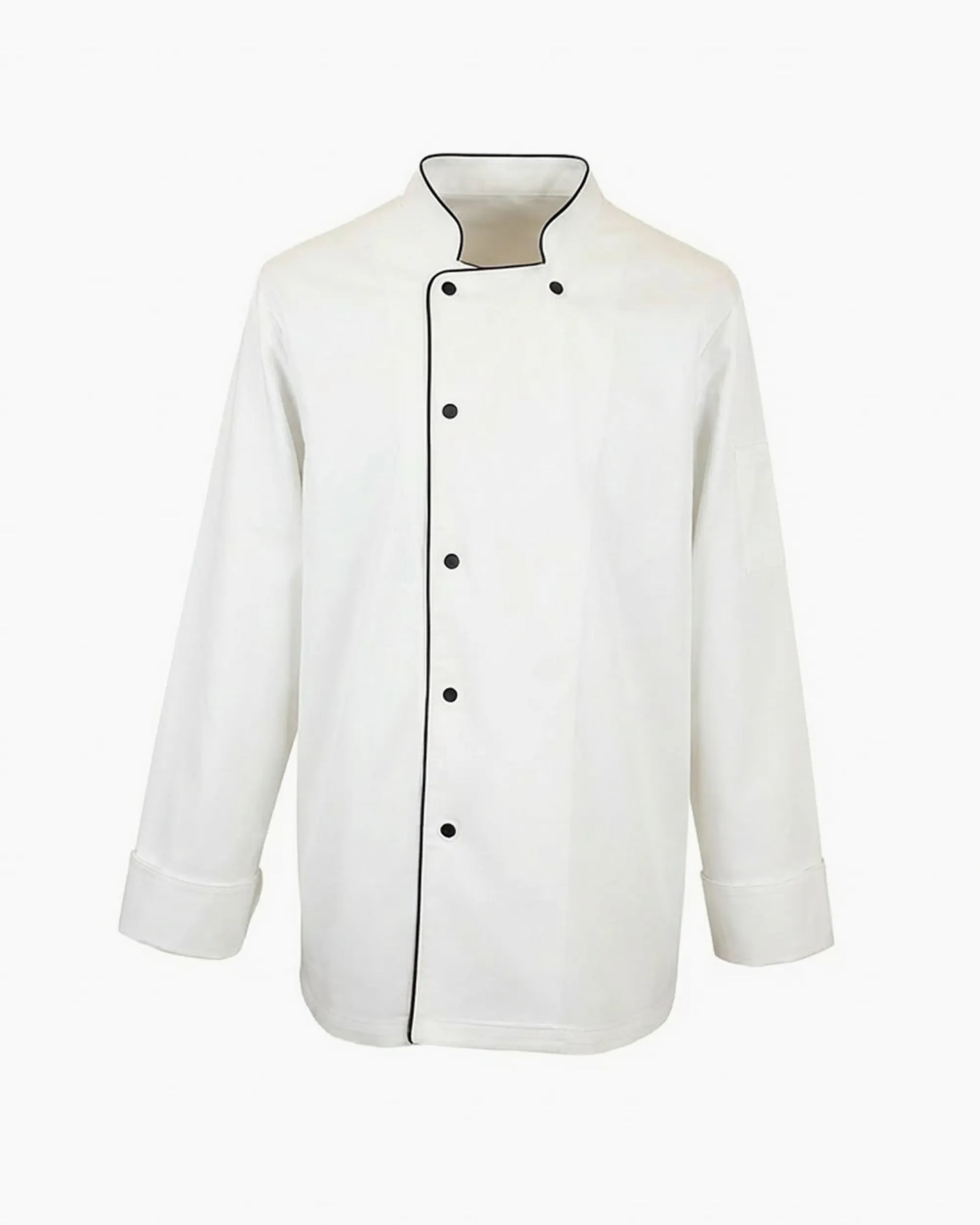 Beyaz üzerine siyah biyeli klasik aşçı ceketi, kurumsal logolu toptan şef üniforması üretimi - MUBU Staff Wear