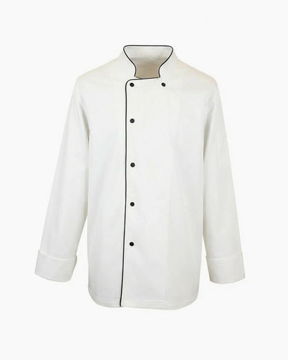 Beyaz üzerine siyah biyeli klasik aşçı ceketi, kurumsal logolu toptan şef üniforması üretimi - MUBU Staff Wear