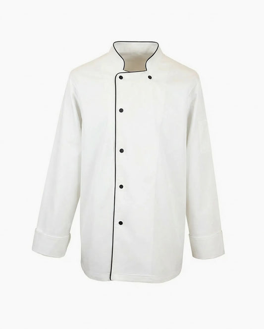 Beyaz üzerine siyah biyeli klasik aşçı ceketi, kurumsal logolu toptan şef üniforması üretimi - MUBU Staff Wear