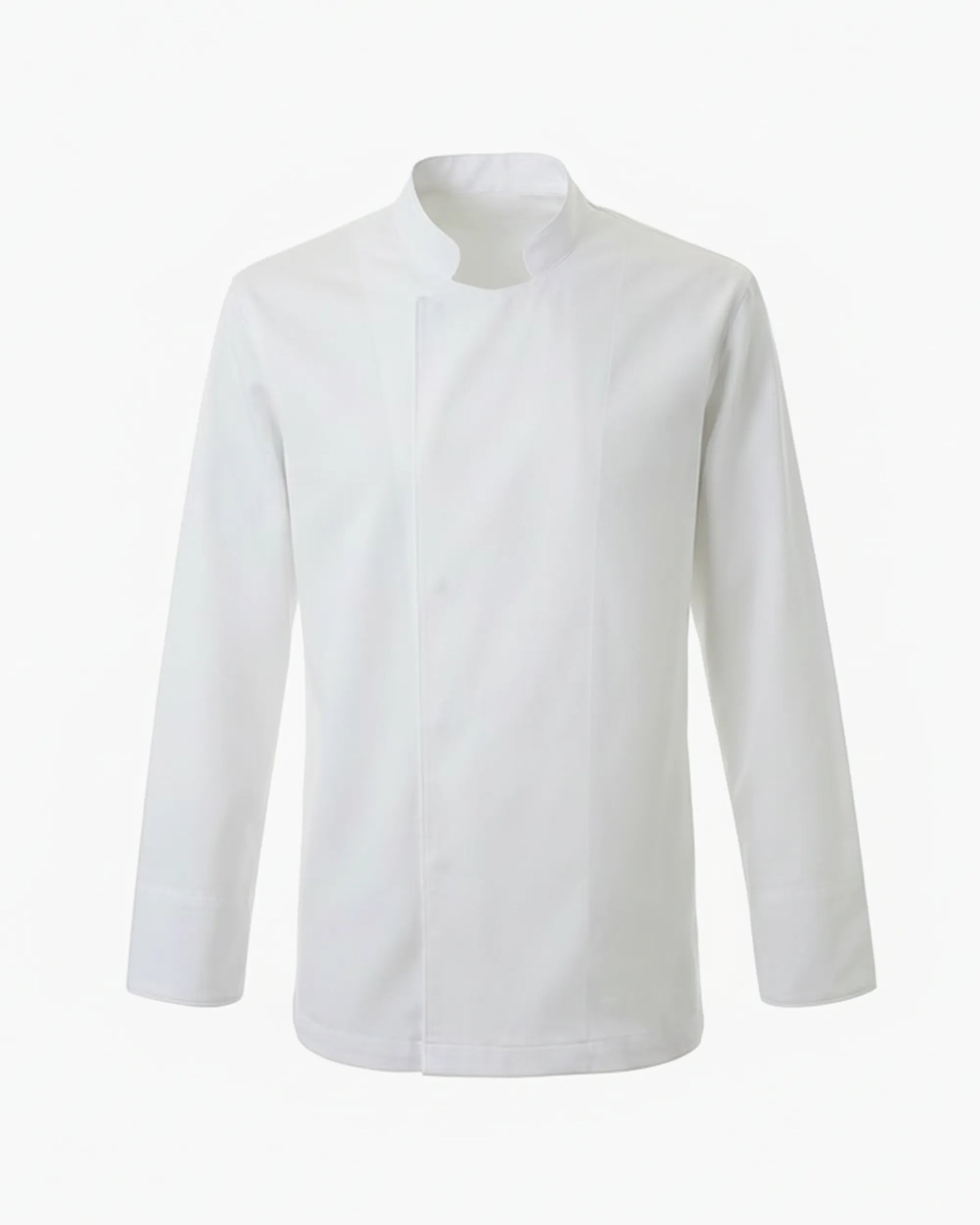 Beyaz gizli patlı minimalist şef ceketi, kurumsal logolu toptan aşçı üniforması üretimi - MUBU Staff Wear