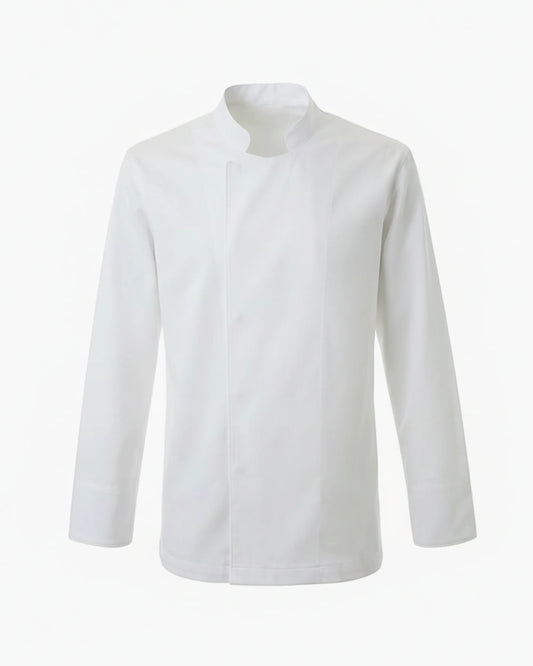 Beyaz gizli patlı minimalist şef ceketi, kurumsal logolu toptan aşçı üniforması üretimi - MUBU Staff Wear