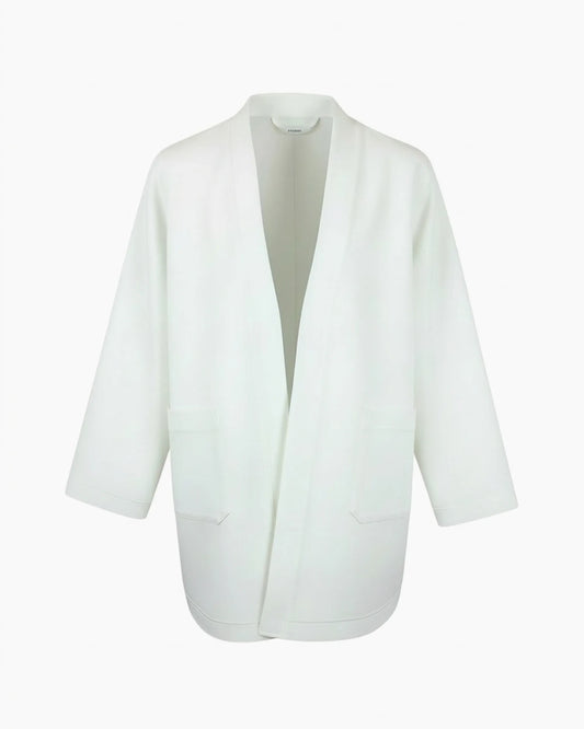 Beyaz V yaka rahat kesim servis ve aşçı ceketi, kurumsal logolu toptan personel üniforması üretimi - MUBU Staff Wear