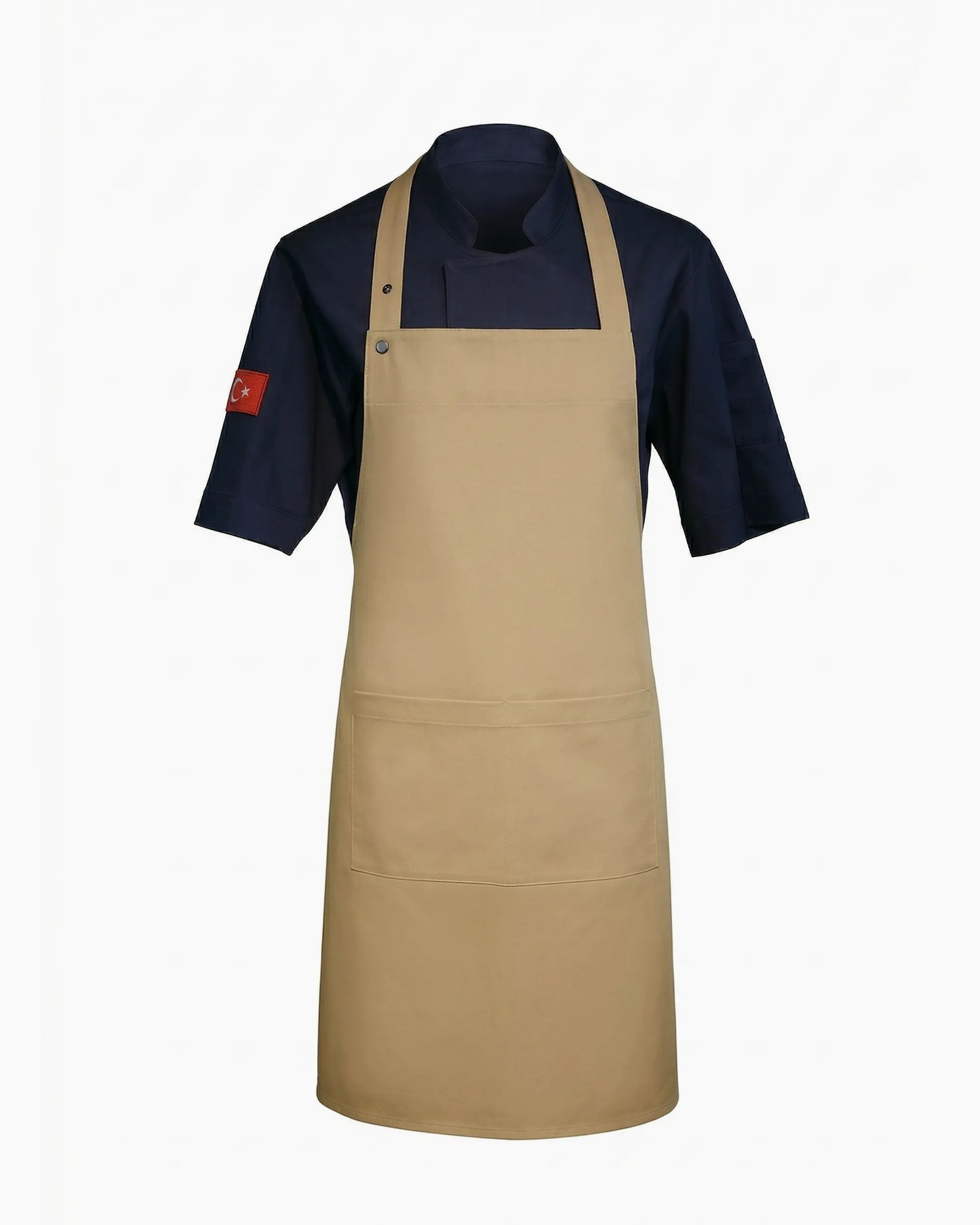 Taş rengi çıtçıt askılı çift cepli tam boy şef ve barista önlüğü, kurumsal logolu toptan üretim - MUBU Staff Wear