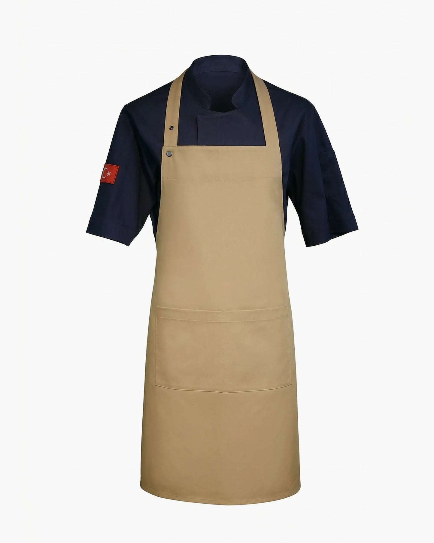 Taş rengi çıtçıt askılı çift cepli profesyonel kanvas önlük, kurumsal logolu toptan üretim - MUBU Staff Wear