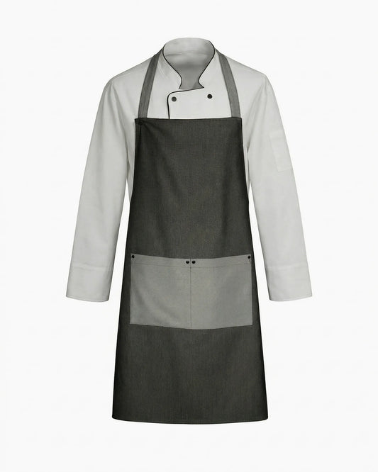 Antrasit gövdeli açık gri kontrast cepli ve perçinli endüstriyel şef önlüğü, kurumsal logolu toptan üretim - MUBU Staff Wear