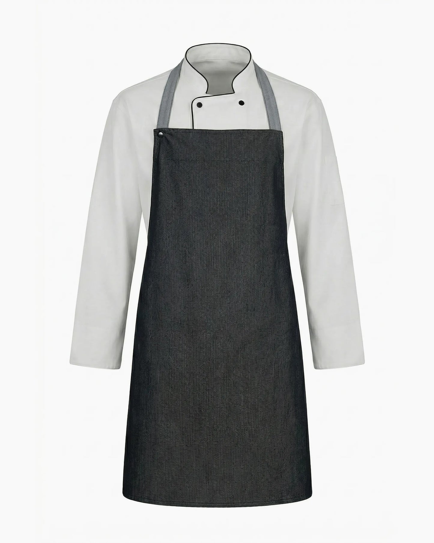 Antrasit renkli cepsiz minimalist klasik askılı şef önlüğü, kurumsal logolu toptan üniforma üretimi - MUBU Staff Wear
