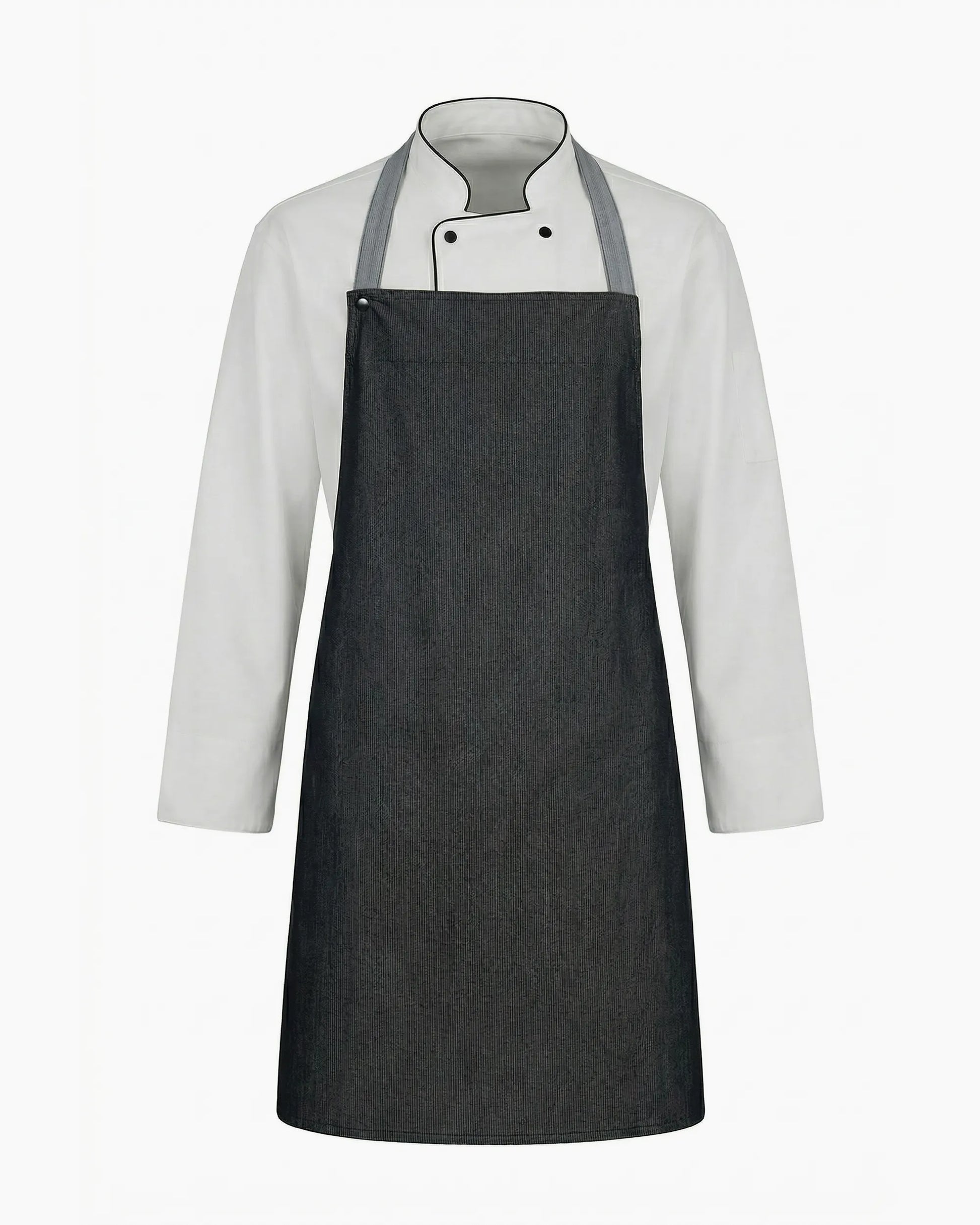 Antrasit renkli cepsiz minimalist klasik askılı şef önlüğü, kurumsal logolu toptan üniforma üretimi - MUBU Staff Wear